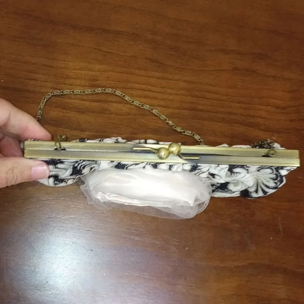 Black & Cream Brocade Evening Bag Clutch Satin Flower, Lace Netting, Chain Strap